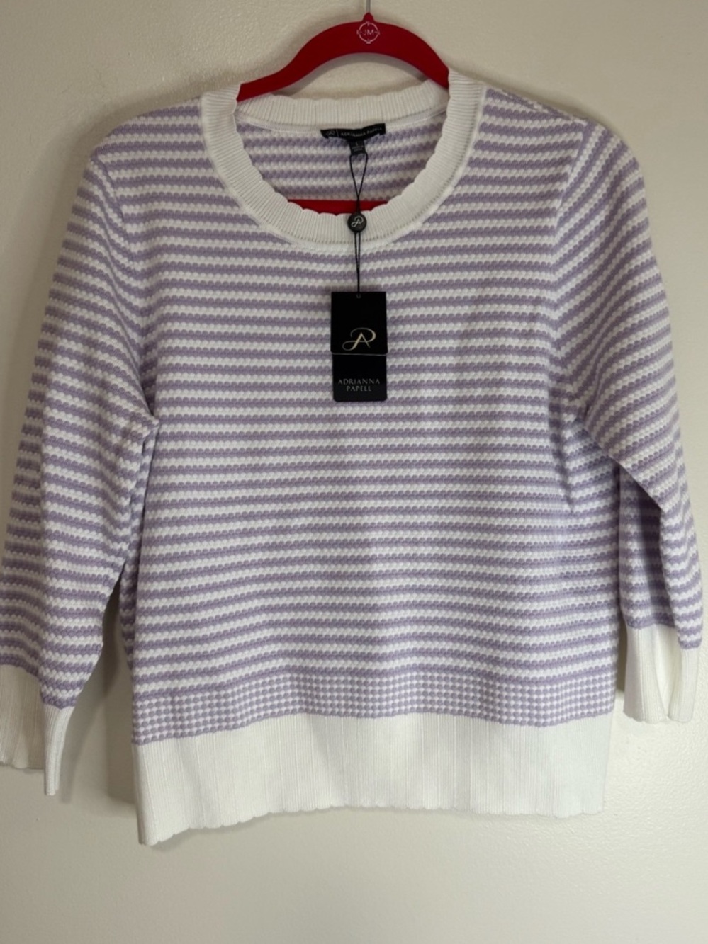 Adrianna Papell Lavender and White Striped Crewneck Sweater